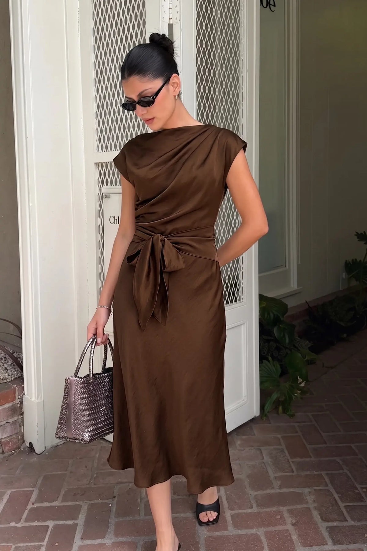 Brown Asymmetrical Dress Waist Tie Midi Length