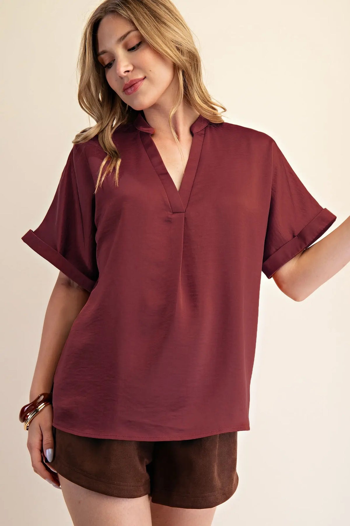Burgandy Satin V-Neck Placket Cuffs Sleeve Top