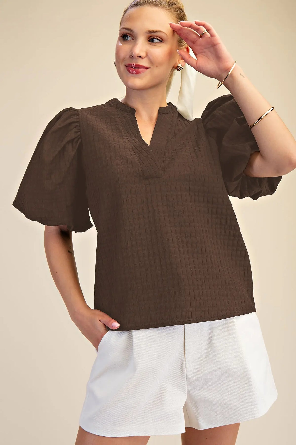 Brown Puff Sleeve Top With V-Neck in Textured Fabric