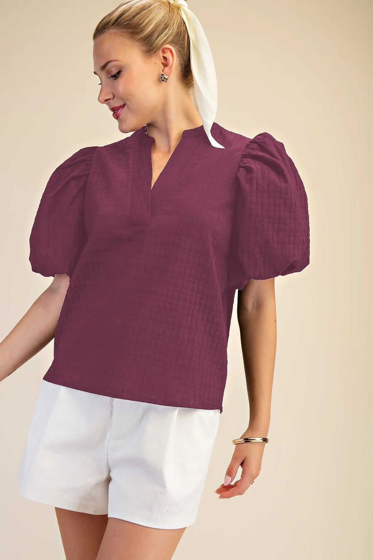 Magenta Puff Sleeve Top With V-Neck in Textured Fabric