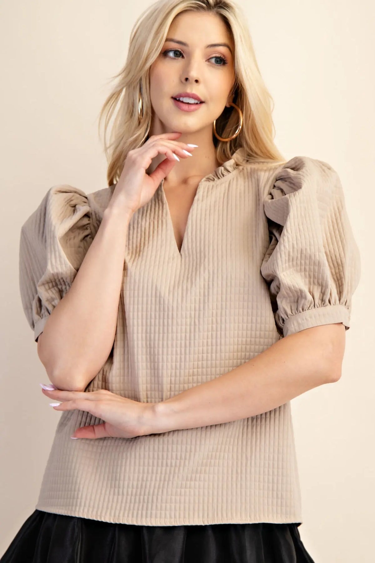 Beige Puff Sleeve Ruffle V-Neck Textured Top