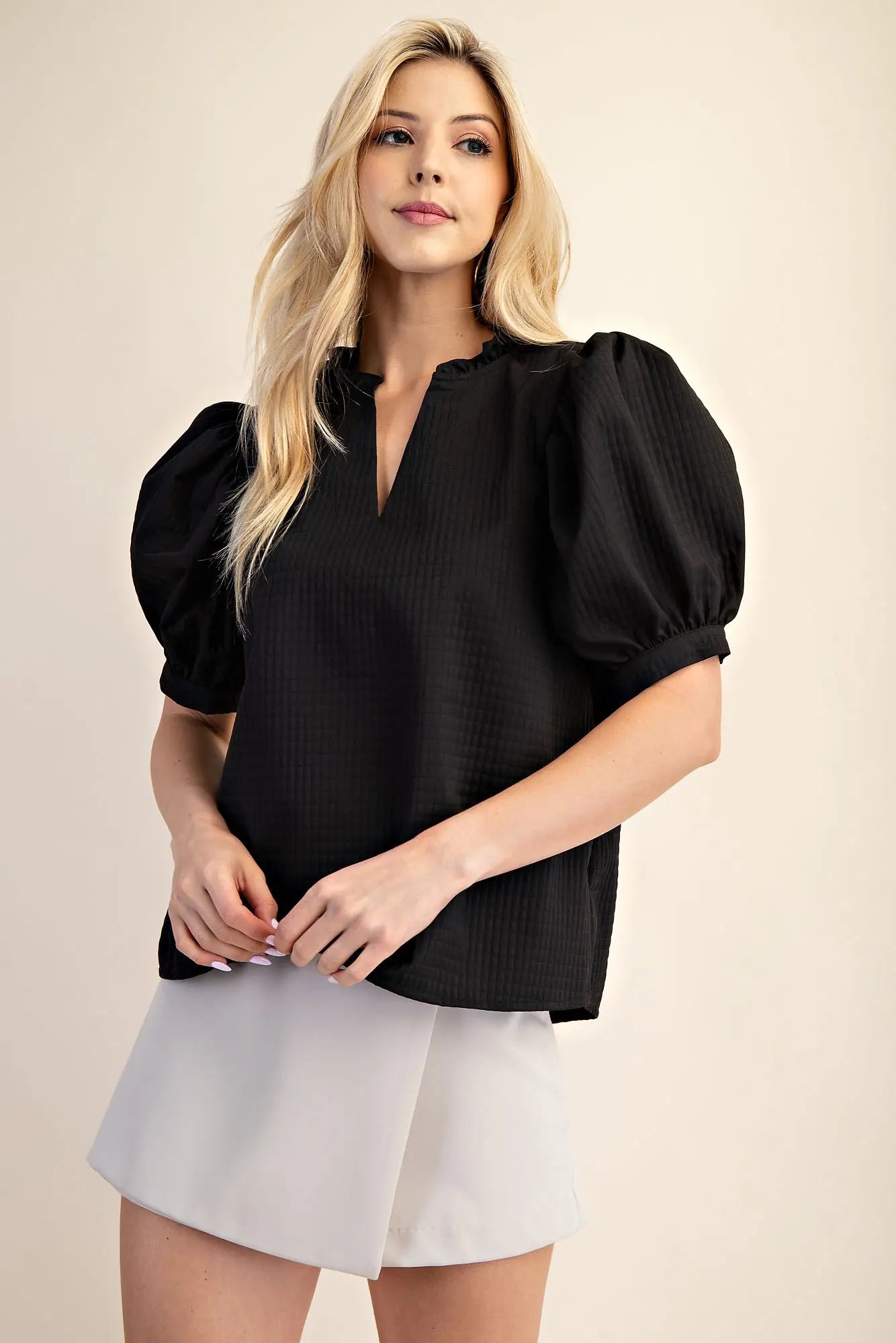 Black Puff Sleeve Ruffle V-Neck Textured Top