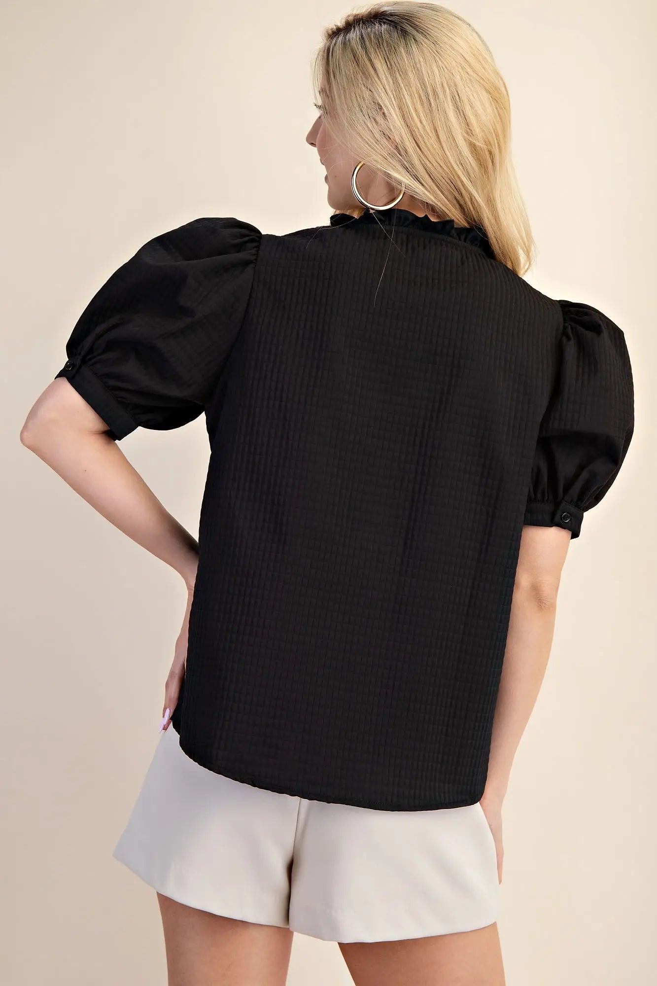 Black Puff Sleeve Ruffle V-Neck Textured Top