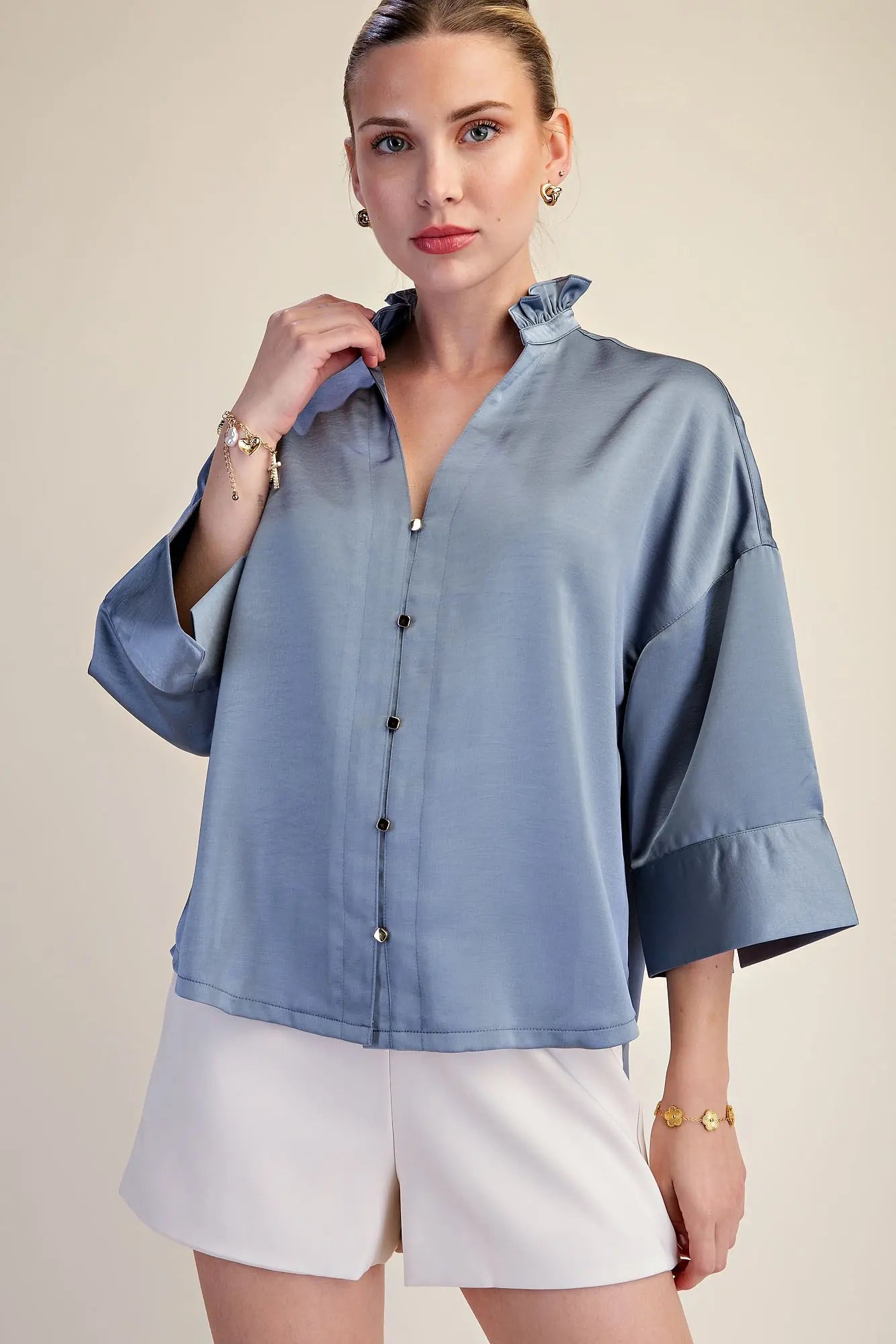 Slate V-neck Wide Sleeves Metal Button Down Shirt