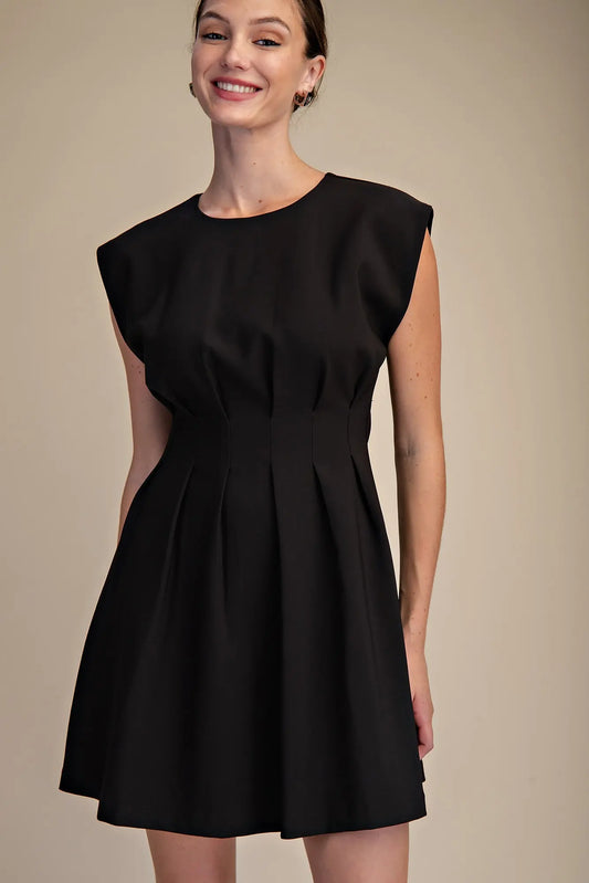 Black Round Neck Waist Pleated Mini Dress