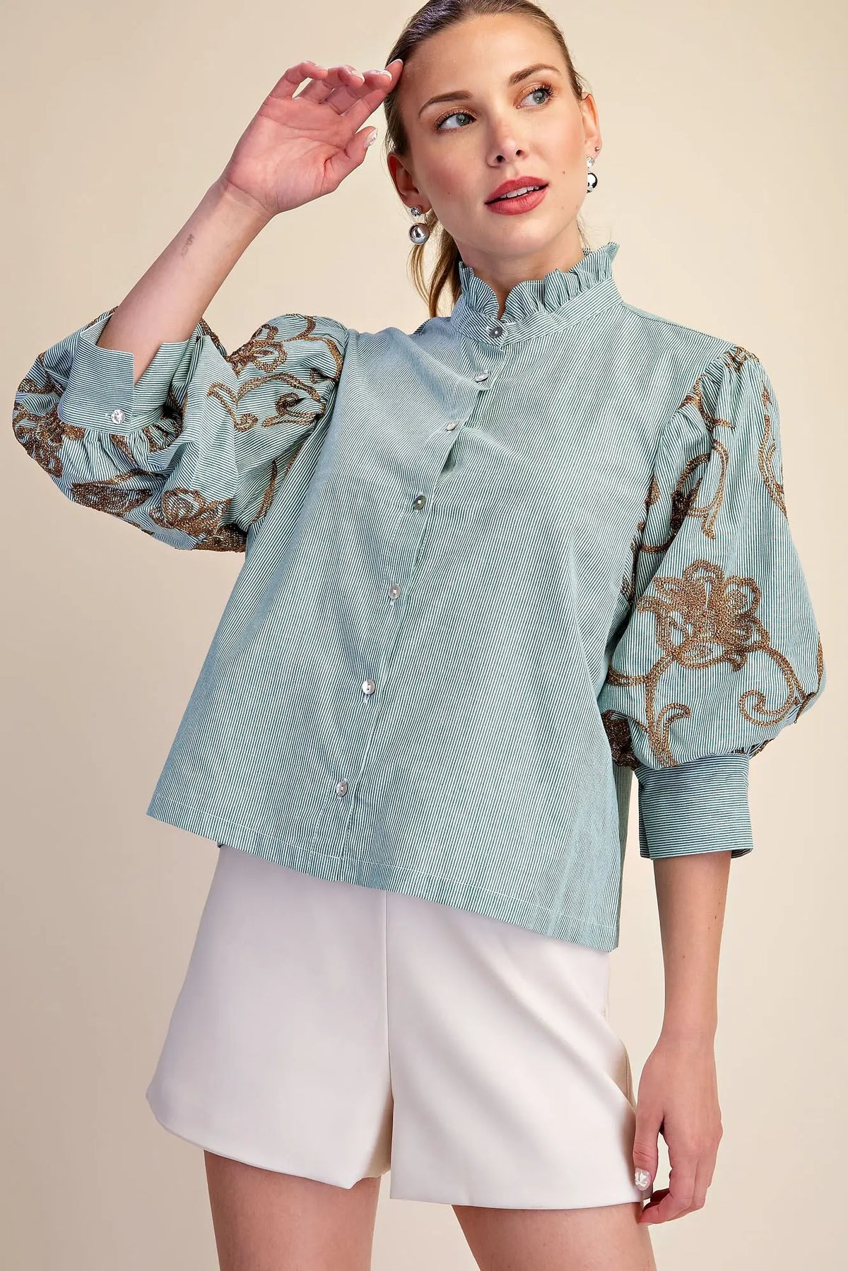 Green Ruffle Neck Embroidery Puff Sleeve Blouse