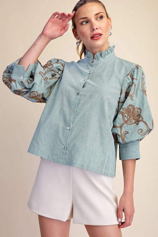 Green Ruffle Neck Embroidery Puff Sleeve Blouse
