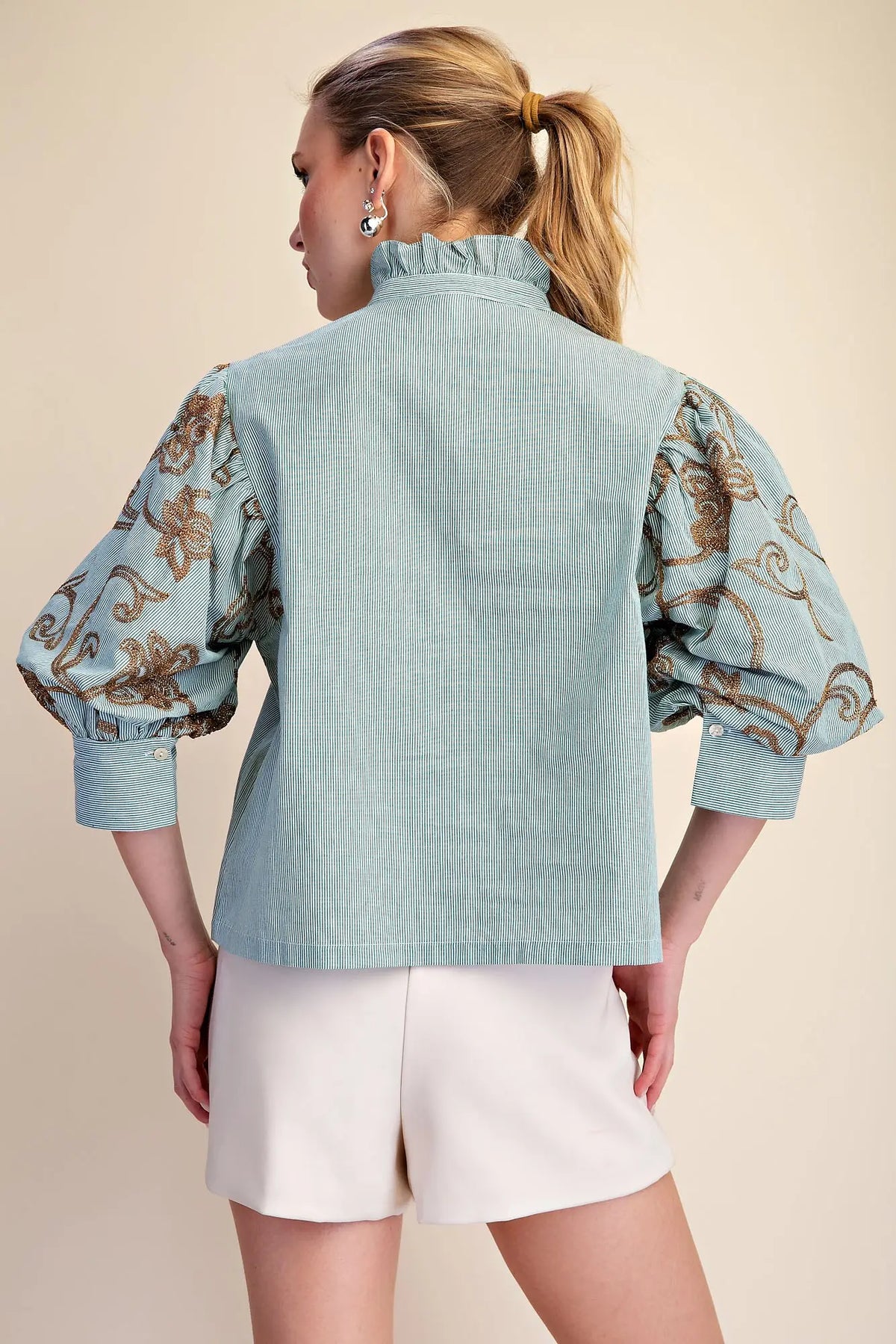 Green Ruffle Neck Embroidery Puff Sleeve Blouse