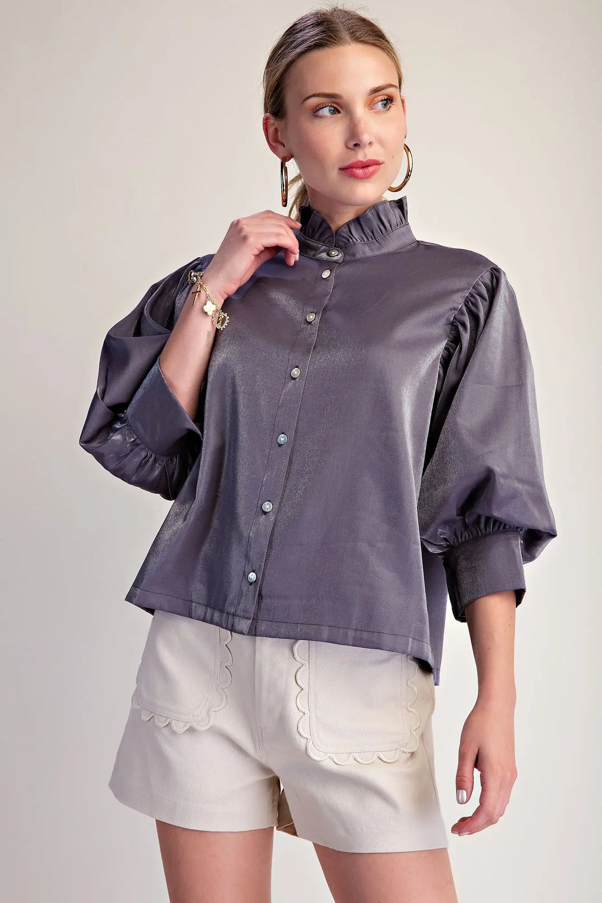 Grey Ruffle Neck Puff Sleeve Button Down Blouse