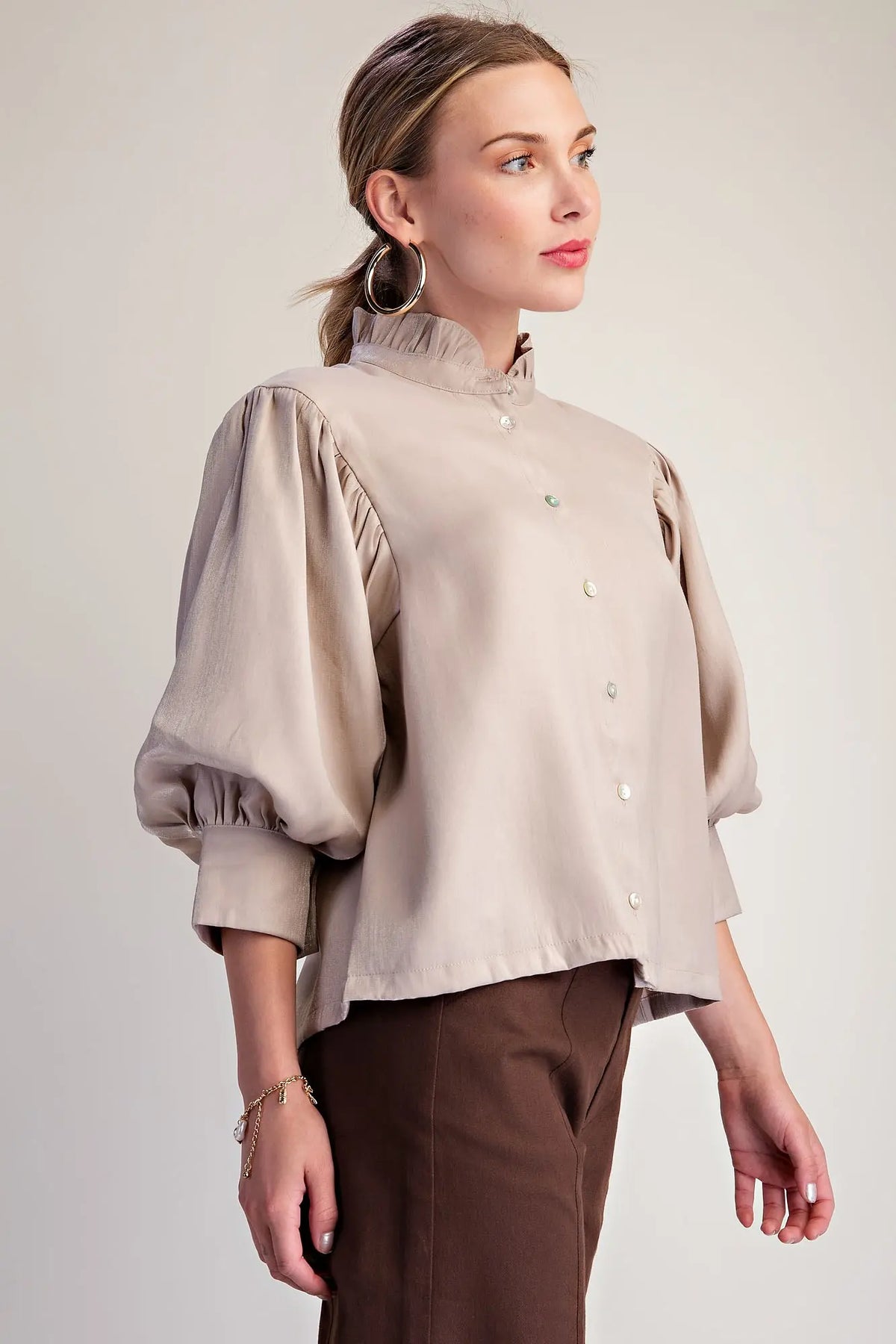 Ruffle Neck Puff Sleeve Button Down Blouse