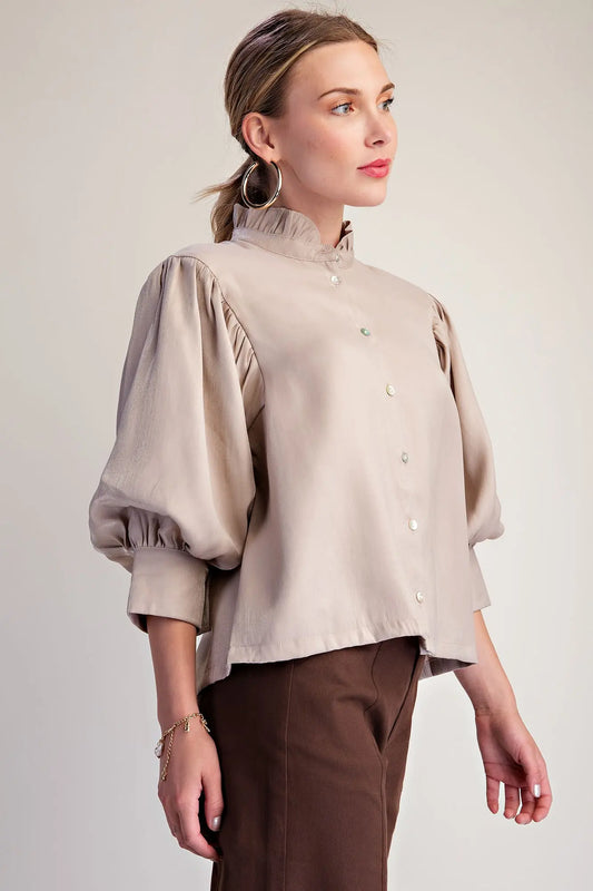 Ruffle Neck Puff Sleeve Button Down Blouse