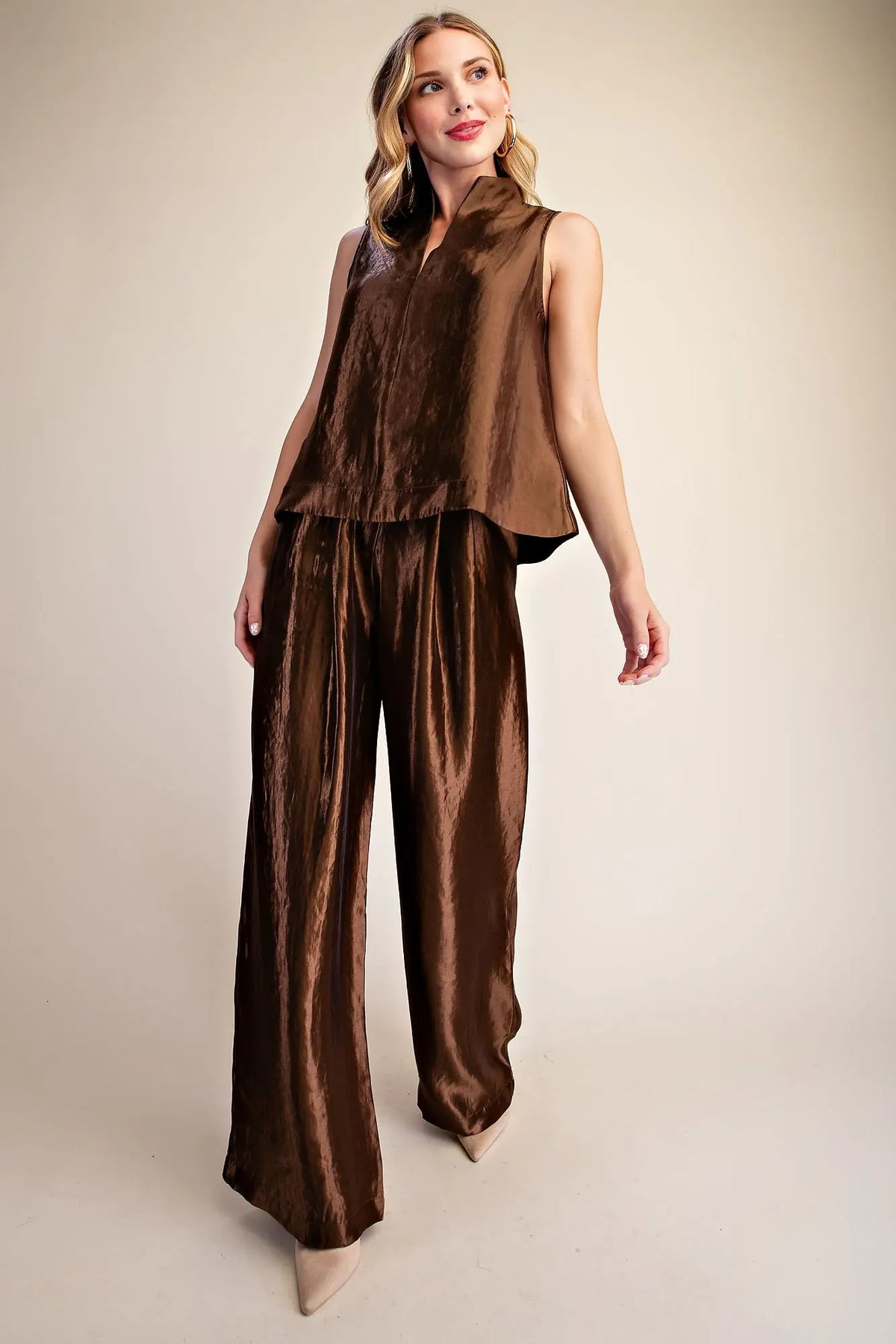Brown Stand Collar Slit V-Neck Sleeveless pant SET