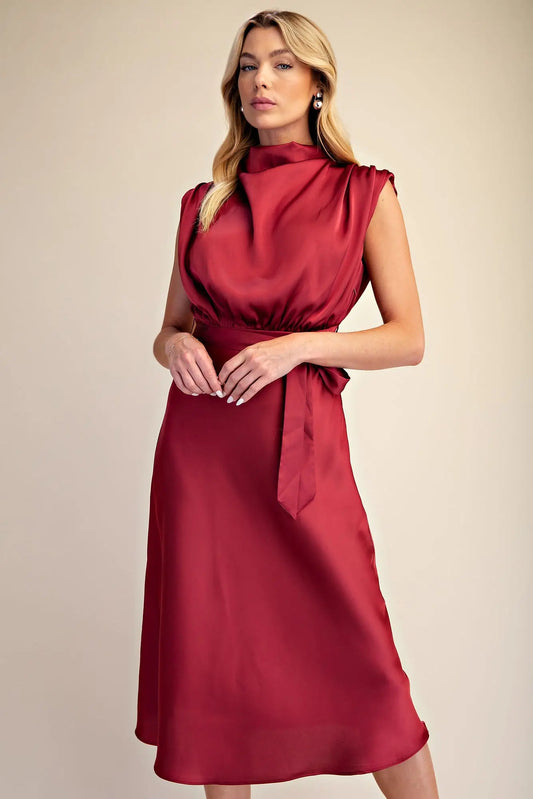 Burgandy Waist Tie Sleeveless Midi Dress with Cowl Neck