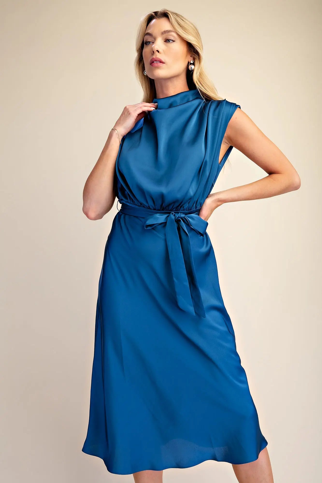 Blue Waist Tie Sleeveless Midi Dress with Cowl Neck