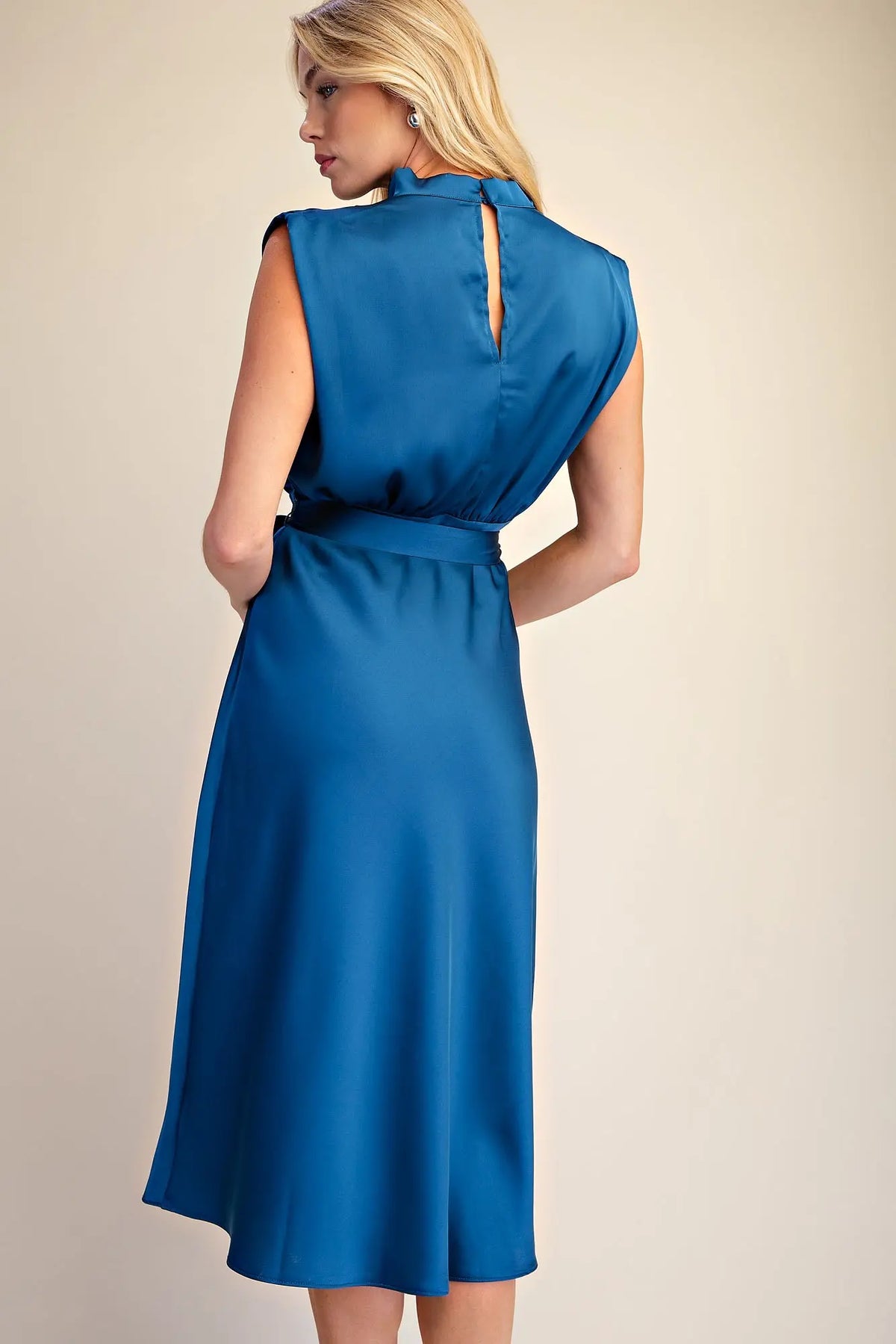 Blue Waist Tie Sleeveless Midi Dress with Cowl Neck