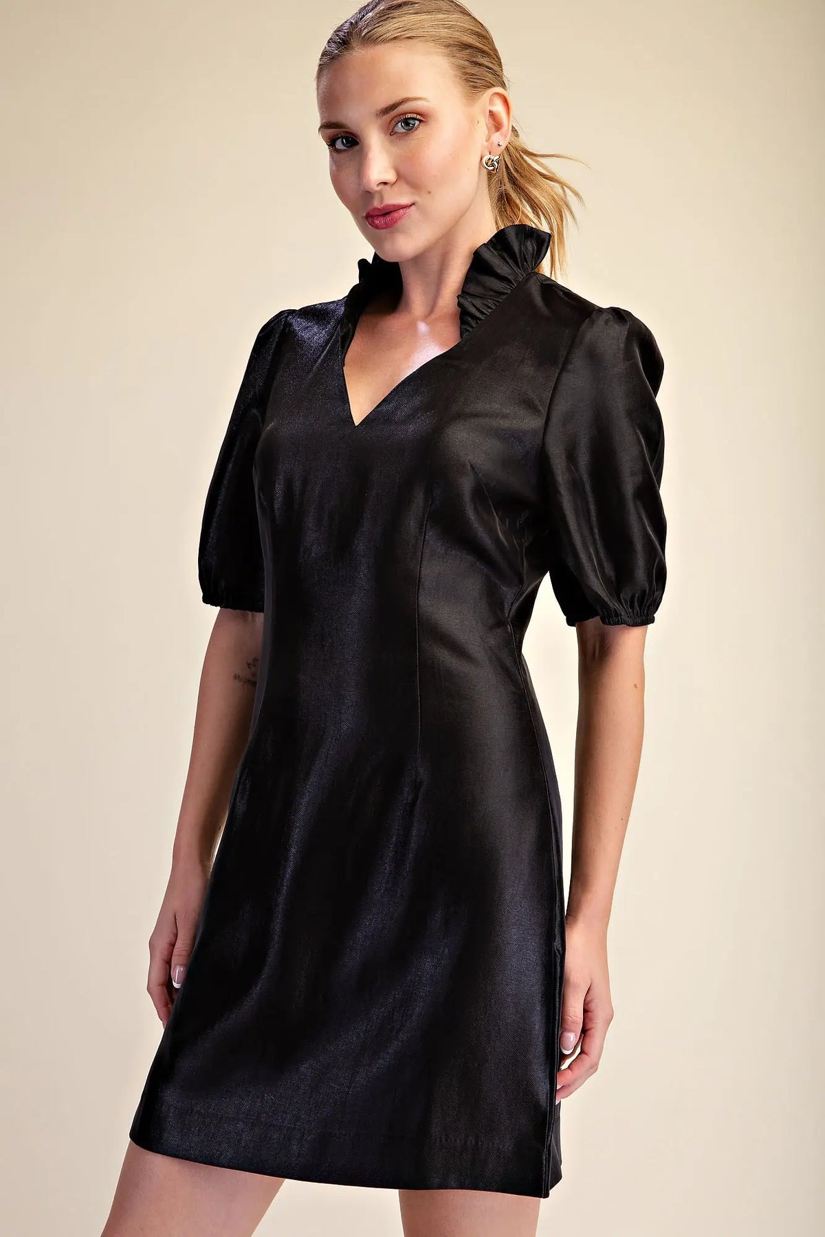 Black Ruffle Neck Puff Sleeve Mini Dress