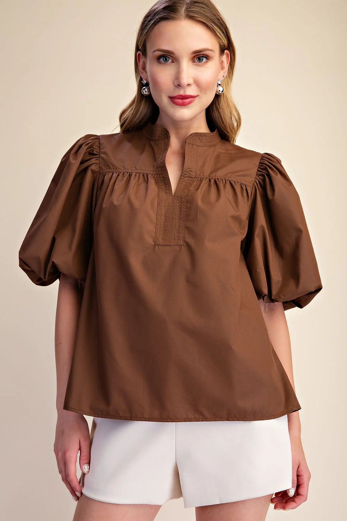 Brown Bubble Sleeve V-Neck Stand Collar Shirt