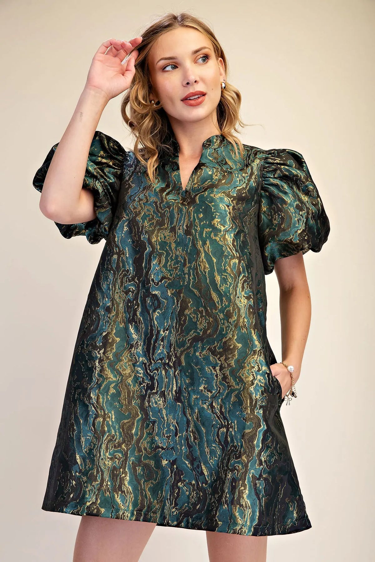 Green Metallic Jacquard Puff Sleeve Mini Dress