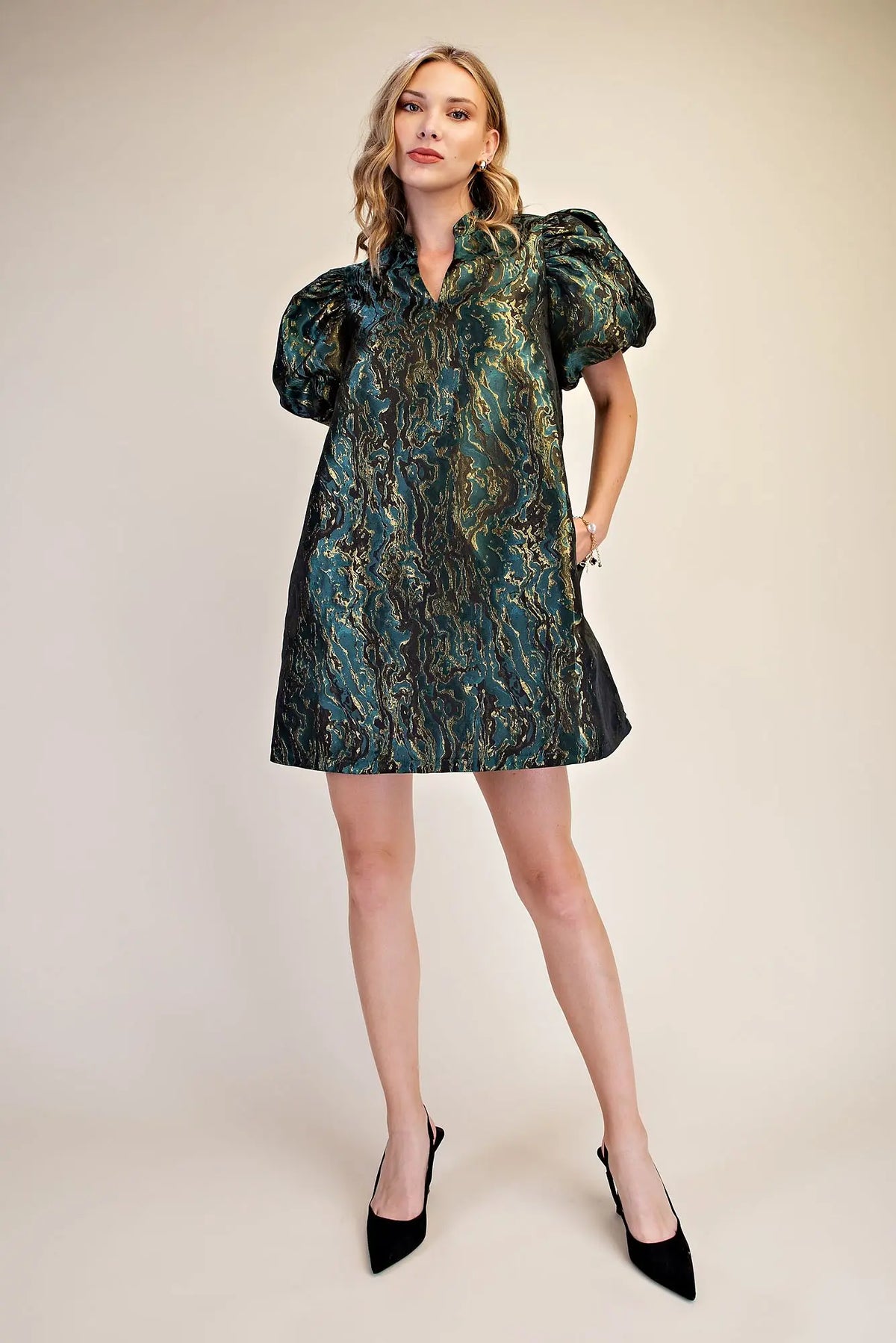 Green Metallic Jacquard Puff Sleeve Mini Dress