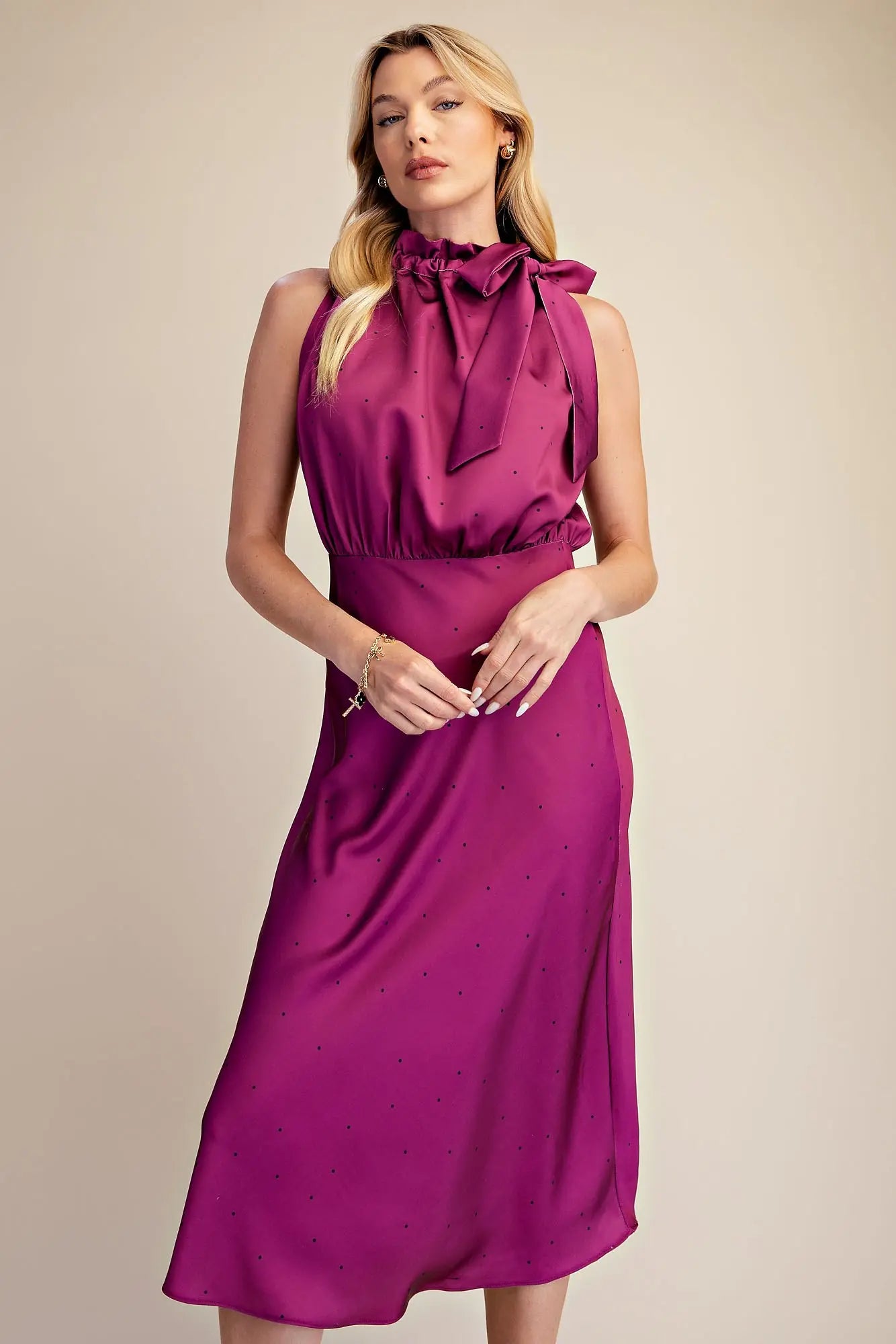 Plum Ruffle Tie Neck Sleeveless Polka Dot Midi Dress