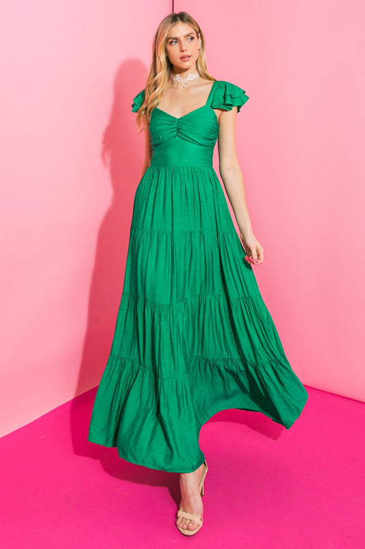 Green ruffled sleeve maxi