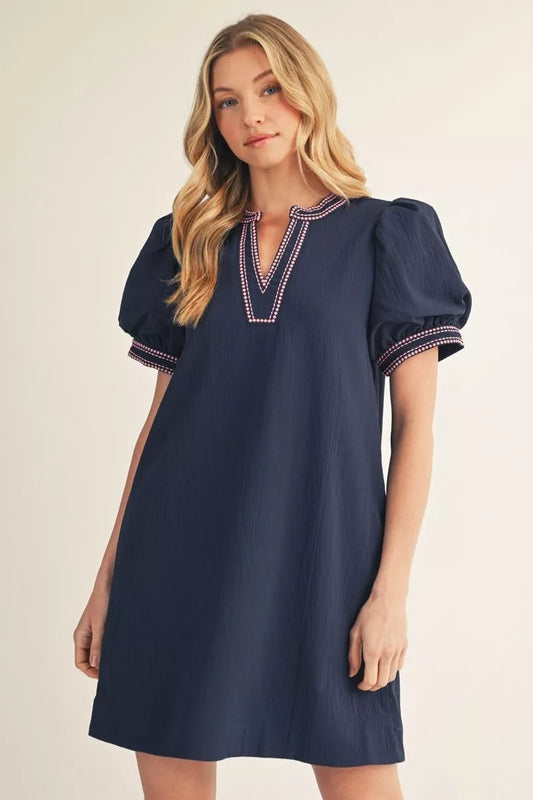 Navy Short puff sleeves crinkled solid shift dress
