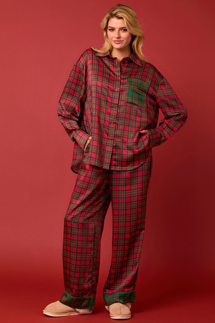 Red Plaid Satin Pajama Pant Set