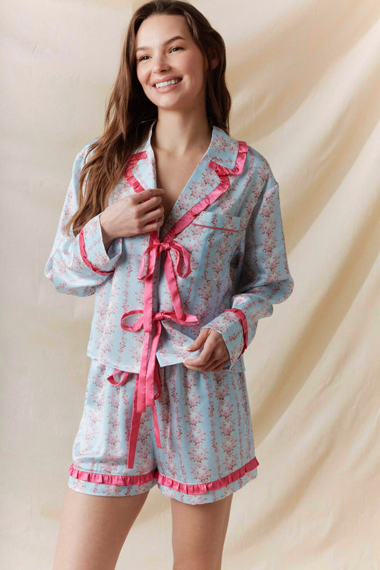 Satin Floral Ruffle Front Tie PJ Set