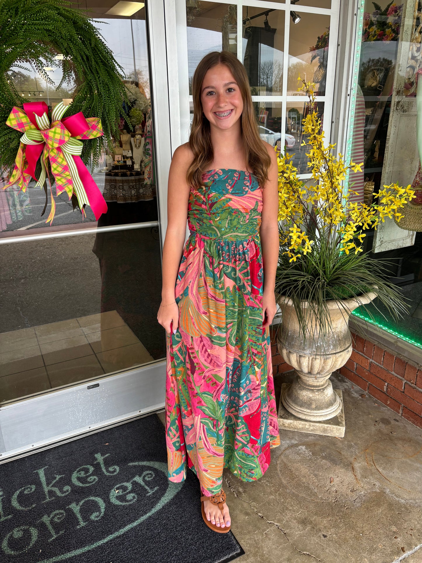 Calypso Coral Strapless Midi Dress