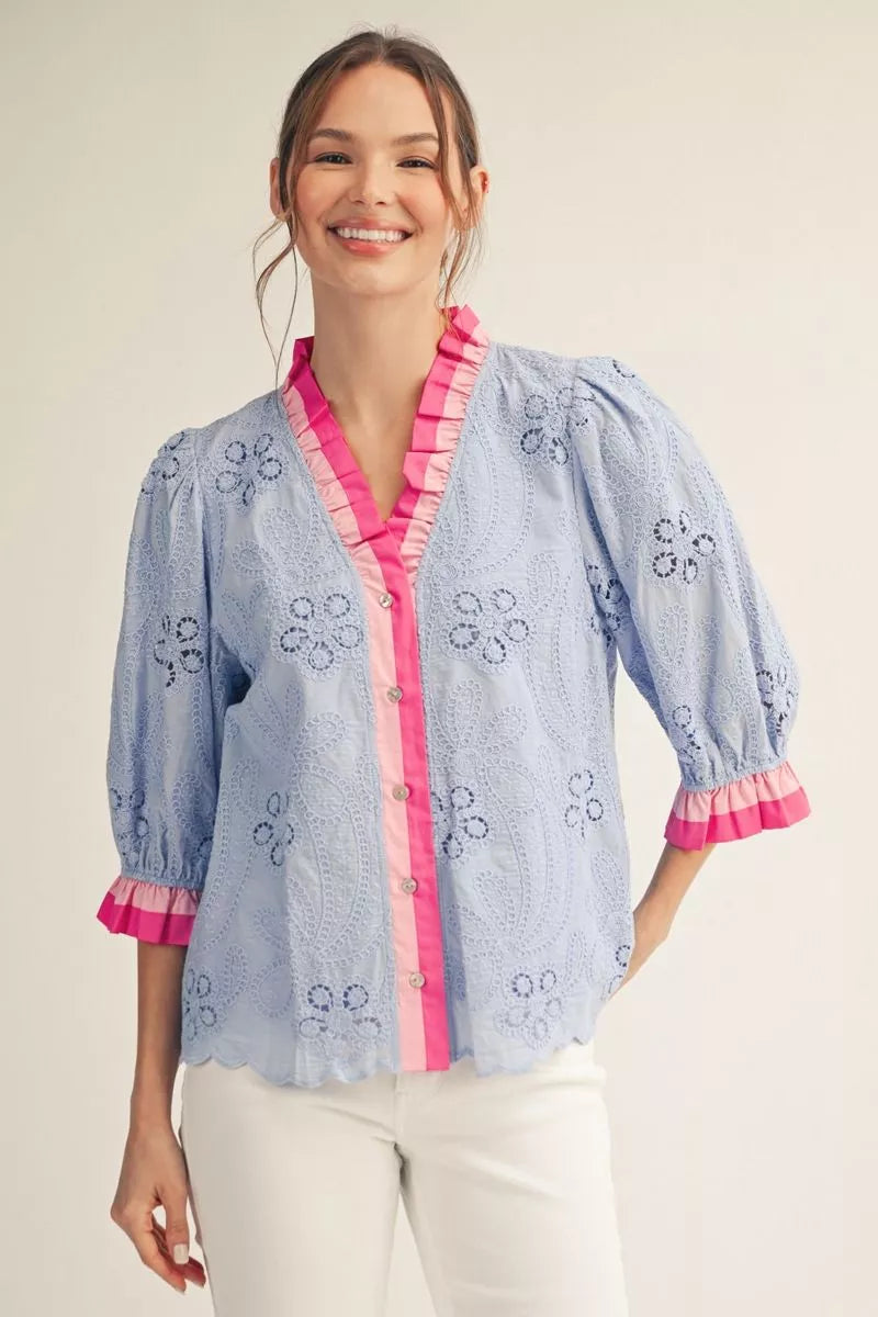Pink & Blue 3/4 sleeves button down eyelet top