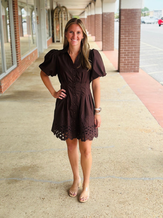 Brown Solid short puff sleeve mini dress