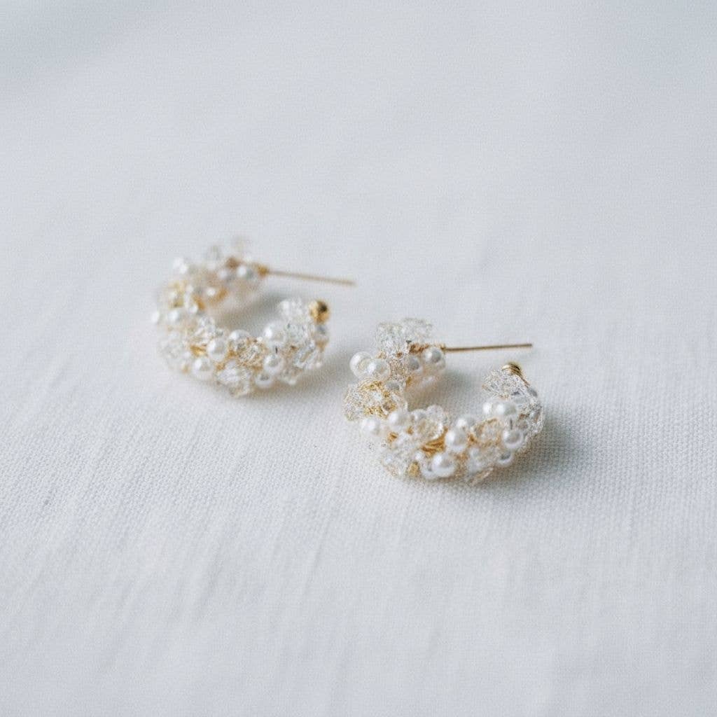 Vintage Inspired Crystal Pearl C-Shape Hoop Earrings