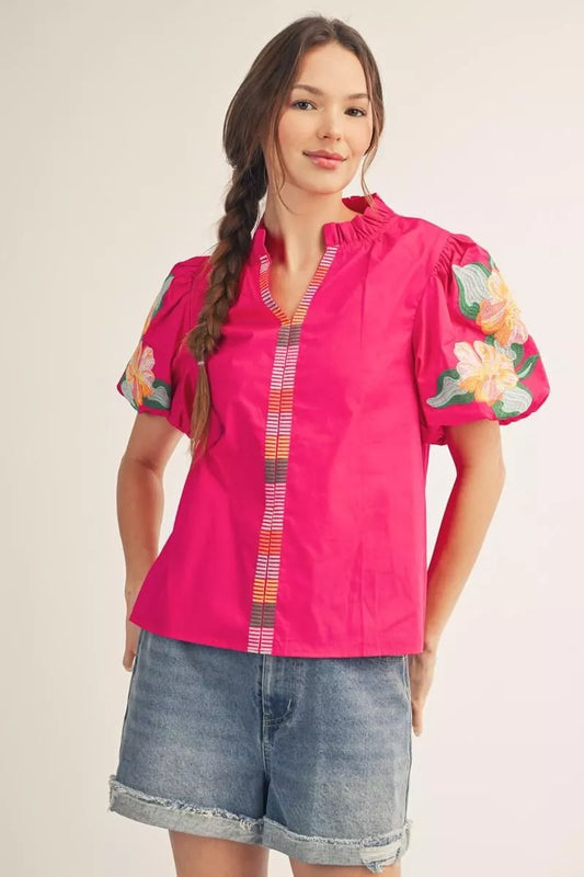 Pink short puff sleeves notched v neck top
