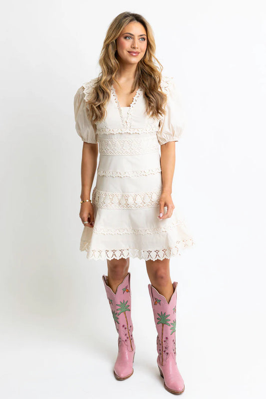Cream Crochet Trim Vneck Puff Sleeve Dress