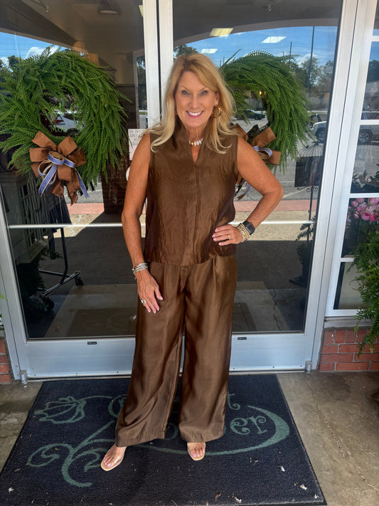 Brown Stand Collar Slit V-Neck Sleeveless pant SET