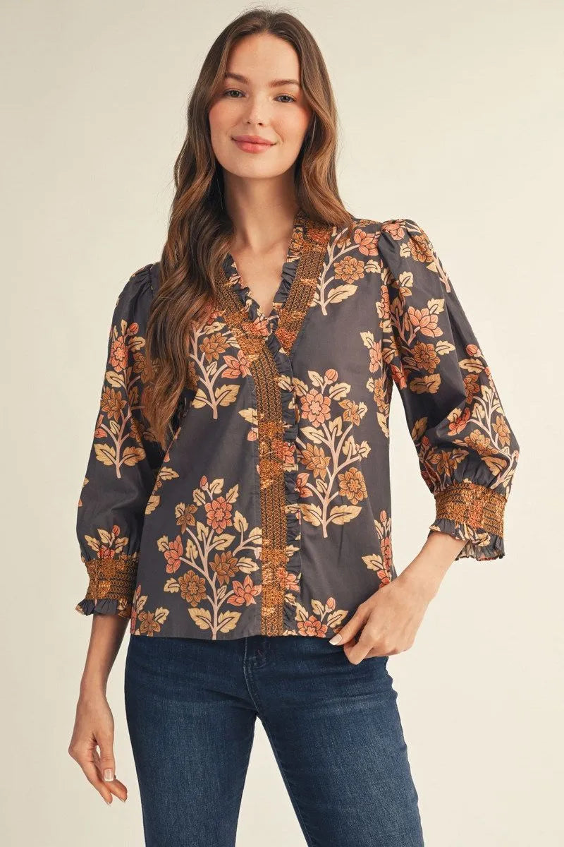 3/4 puff sleeves floral top with ruffle