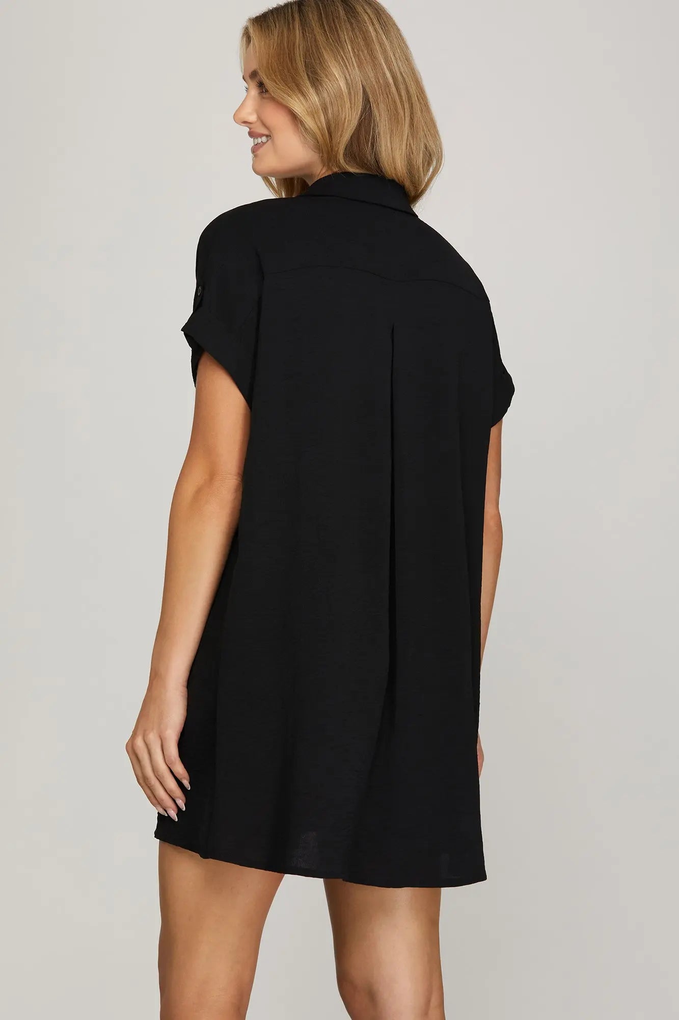 BLACK DROP SHOULDER BUTTON UP WOVEN SHIRT DRESS