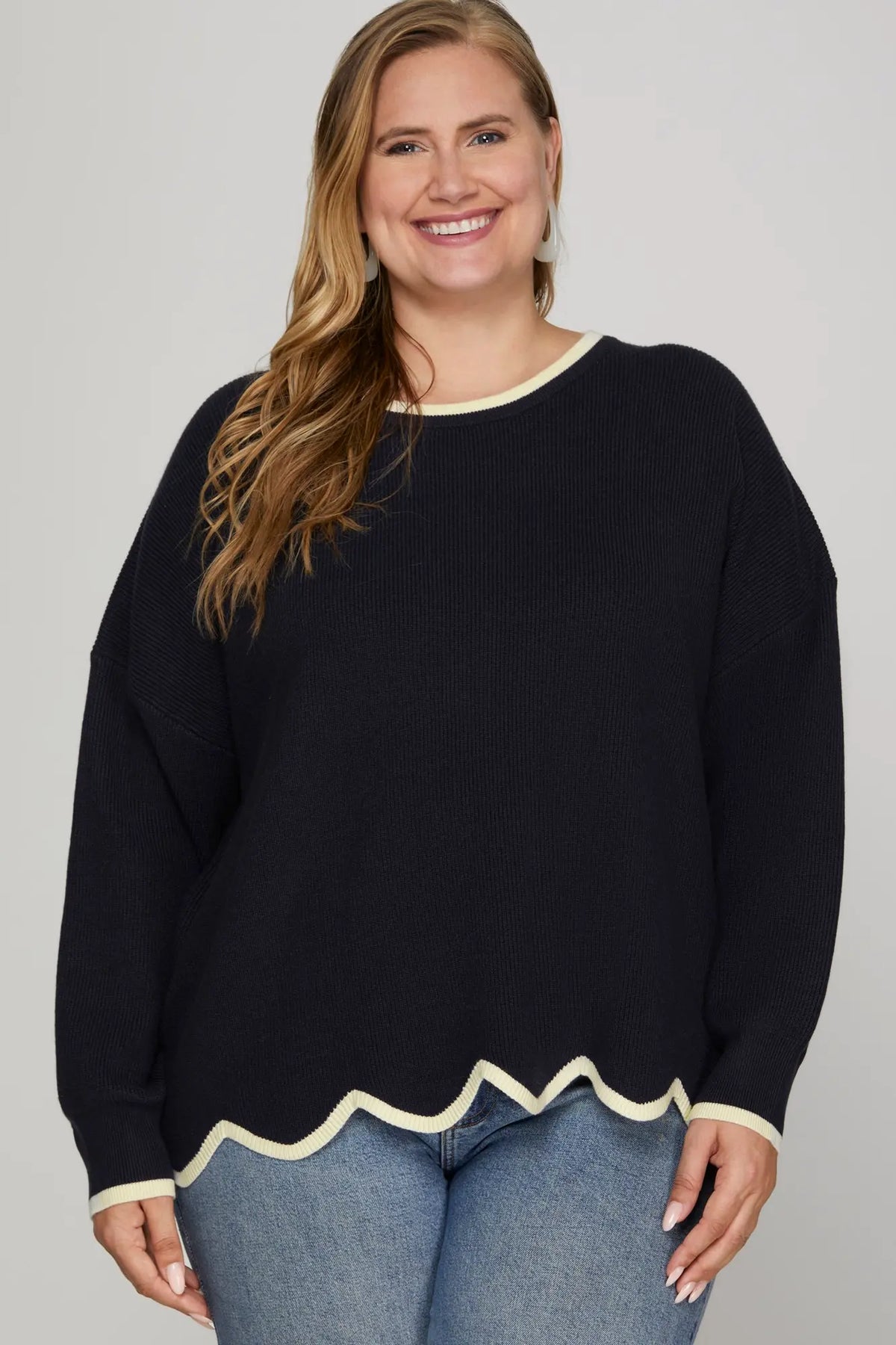 Black/Lt. Mocha Long Sleeve Scalloped hem sweater +