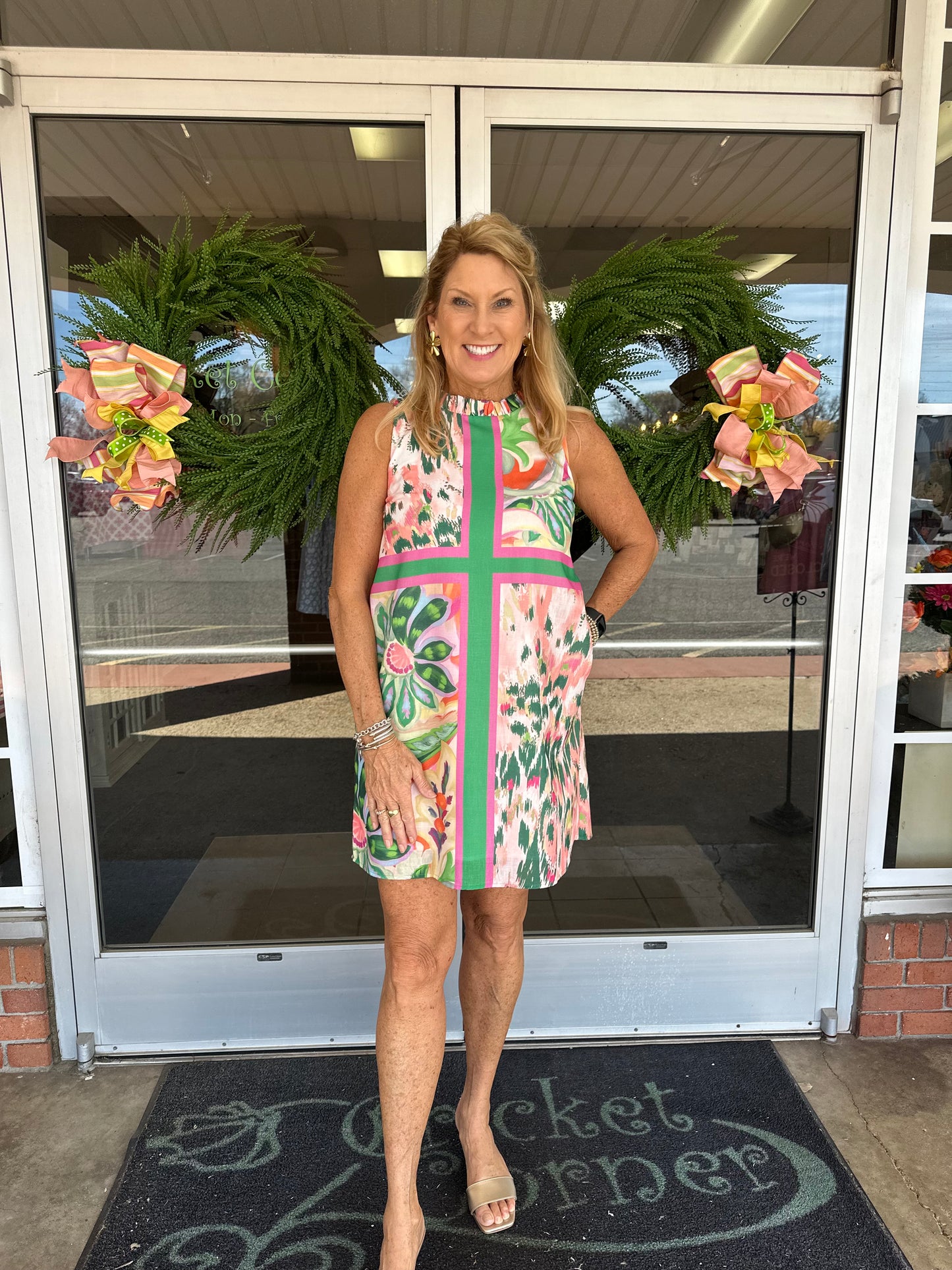Patchwork Garden Ruffle Neck Dress