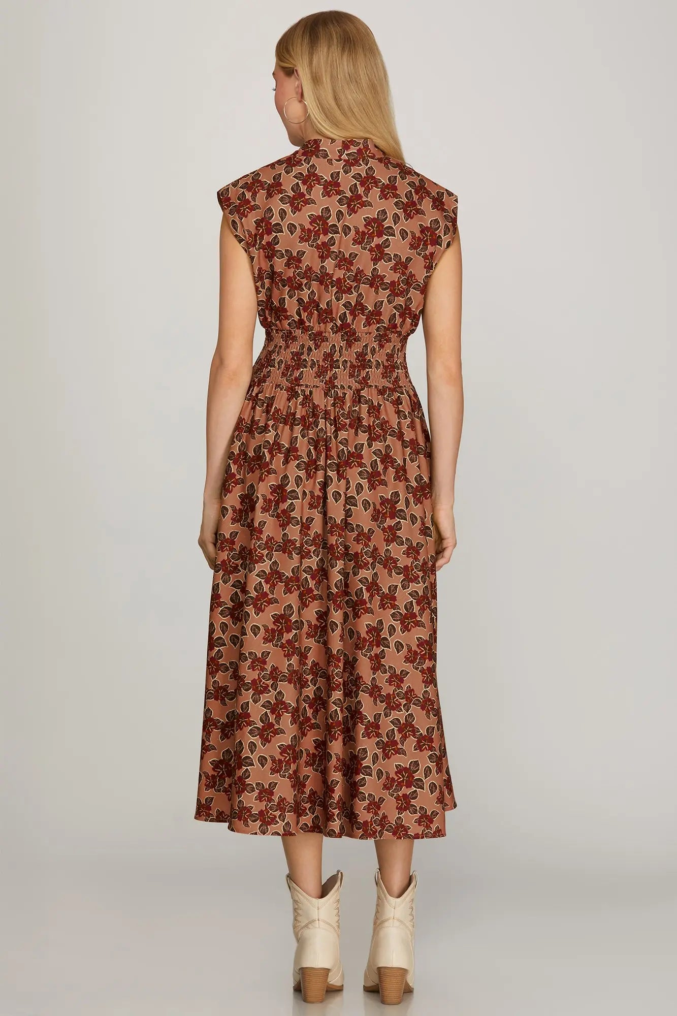 FLORAL DROP SHOULDER SMOCKED WAIST FRONT ZIP PRINTED DRESS