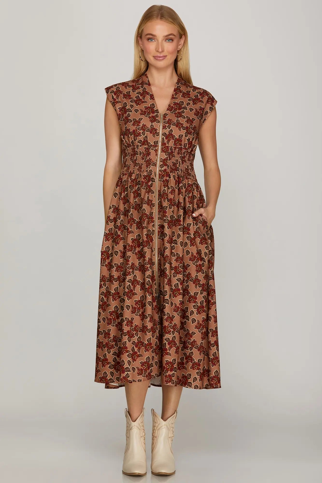 FLORAL DROP SHOULDER SMOCKED WAIST FRONT ZIP PRINTED DRESS