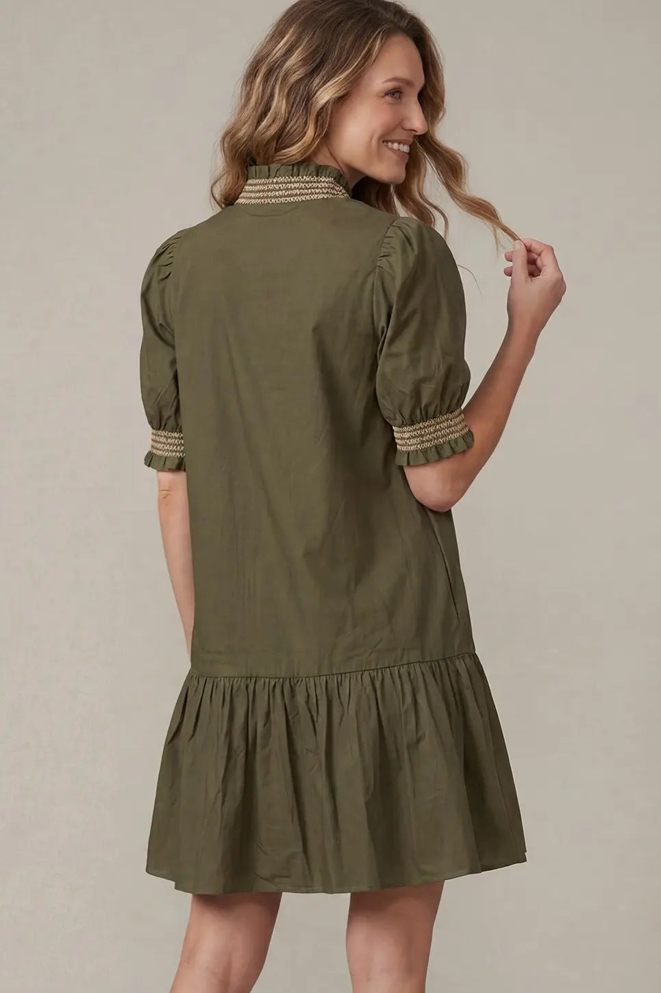 Olive Short Sleeve Smocked neck mini dress