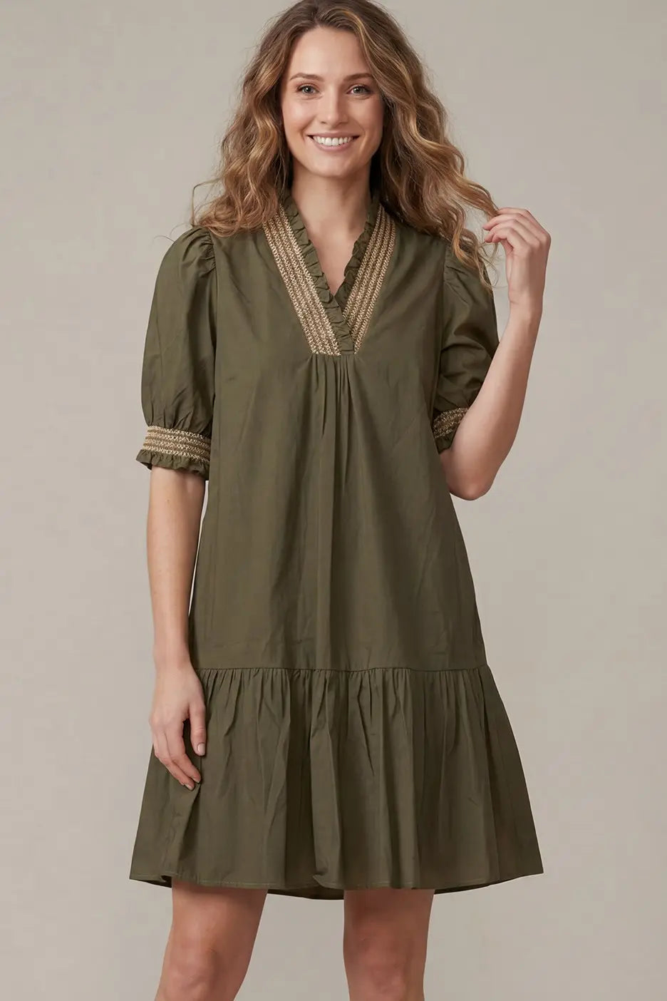 Olive Short Sleeve Smocked neck mini dress