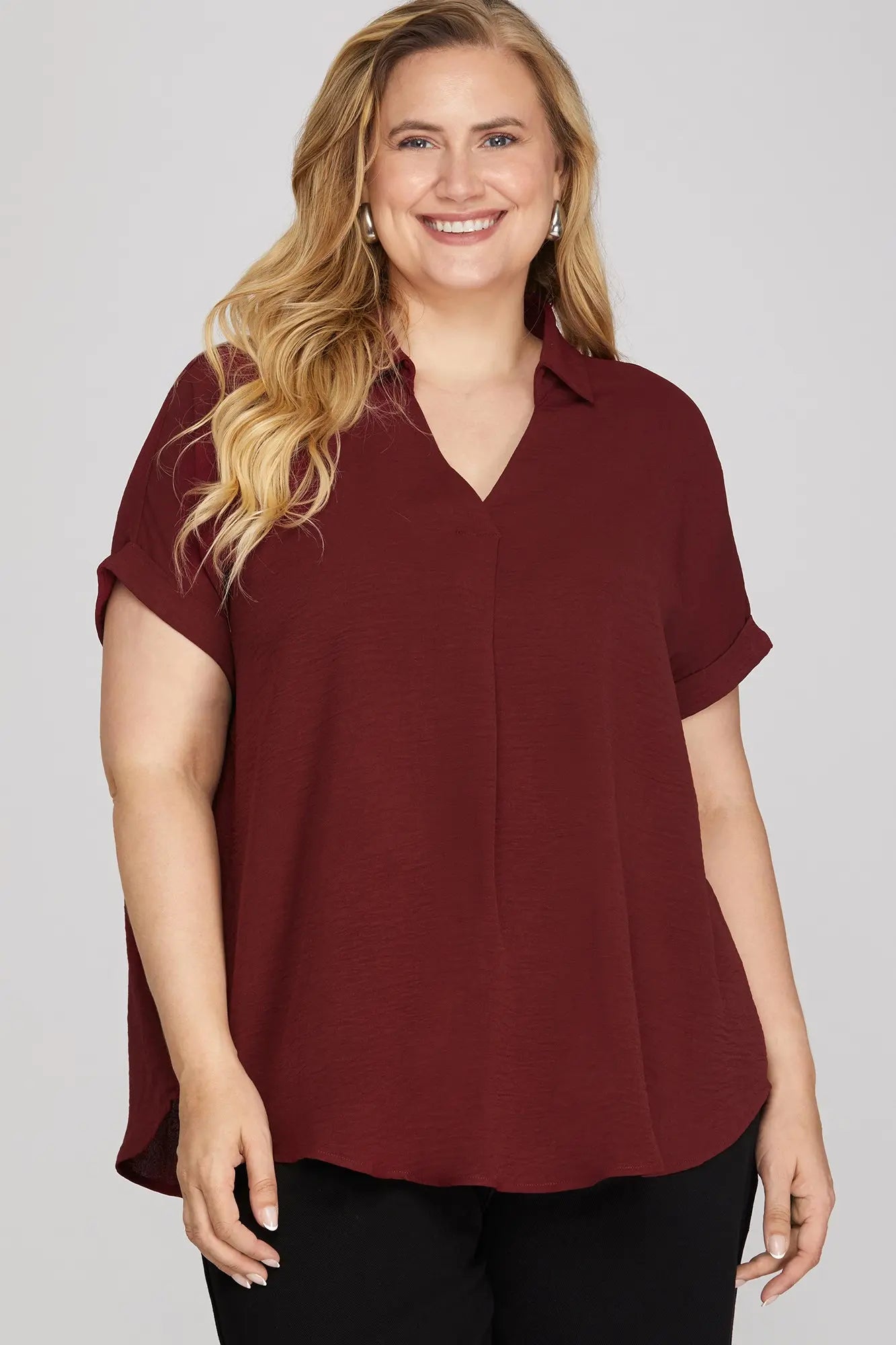DROP SHOULDER COLLARED WOVEN TOP +