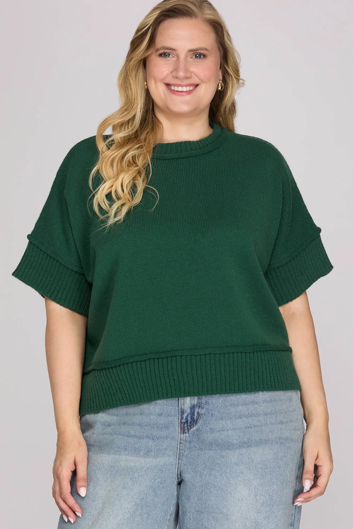 Green Drop Half Sleeve Crew Neck Sweater +