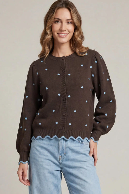 Brown & Blue long sleeve polkadot cardigan