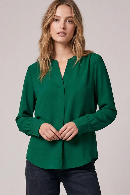 Green Long Sleeve Split-neck top