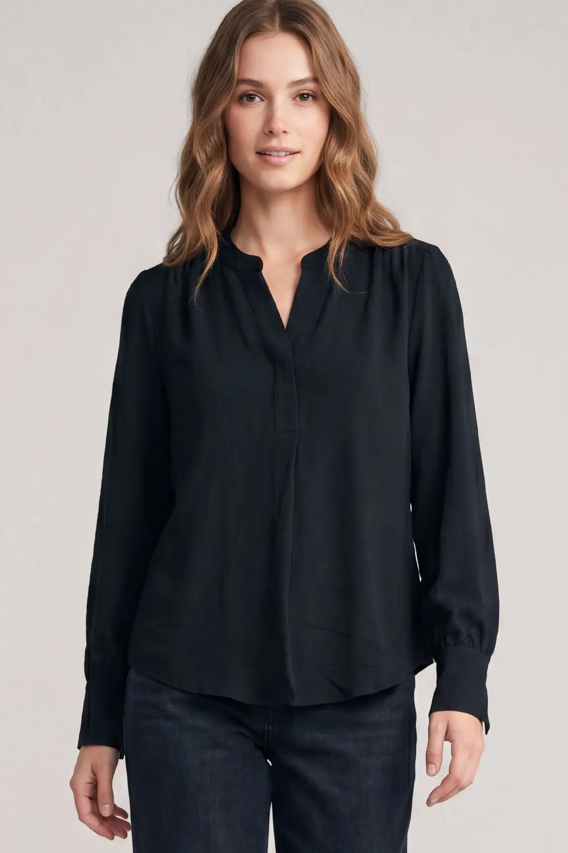 Black Long Sleeve Split-Neck Woven top