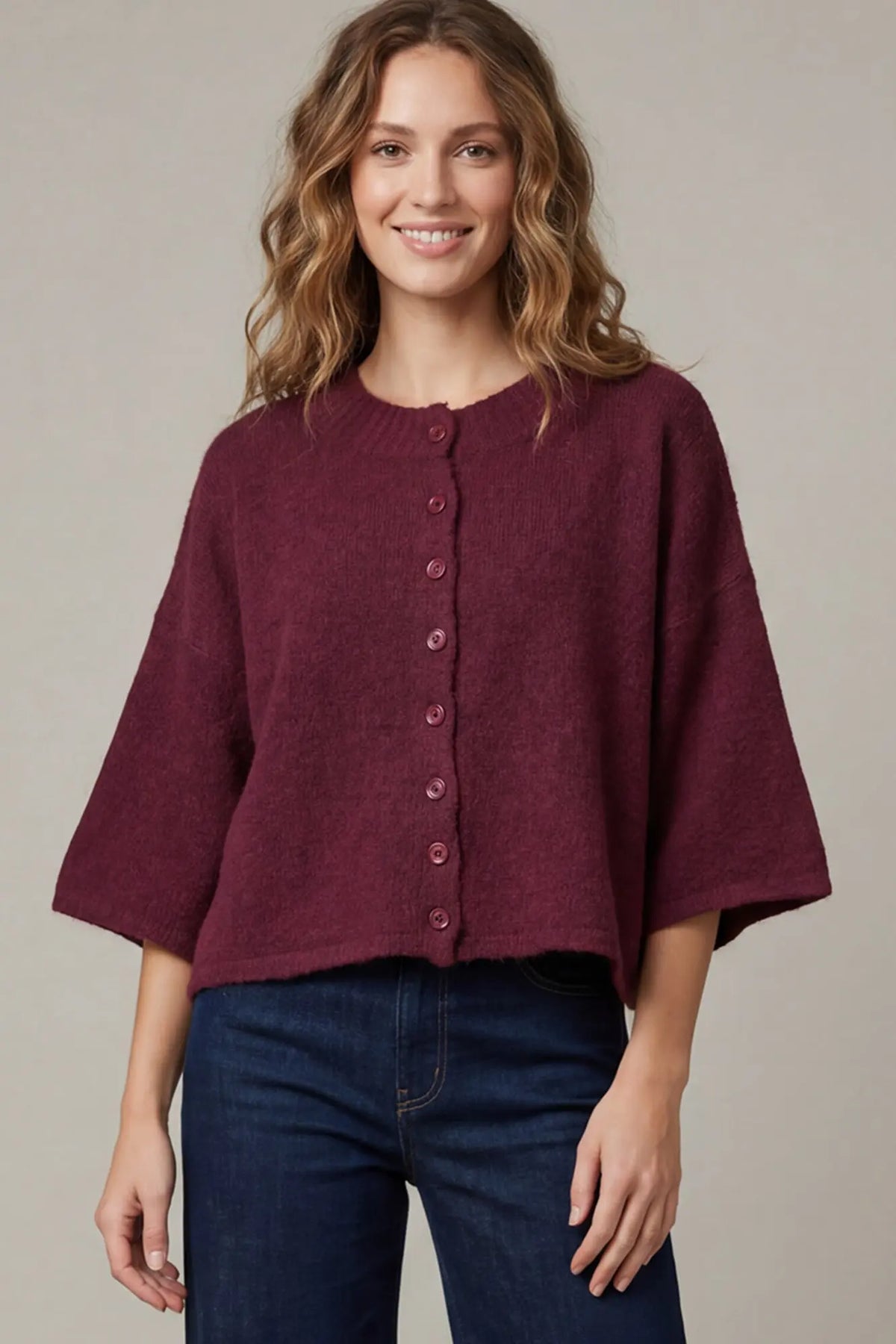 Wine Half sleeve button down sweater cardigan