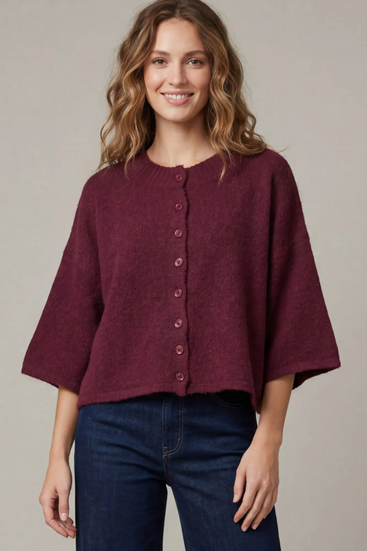 Wine Half sleeve button down sweater cardigan